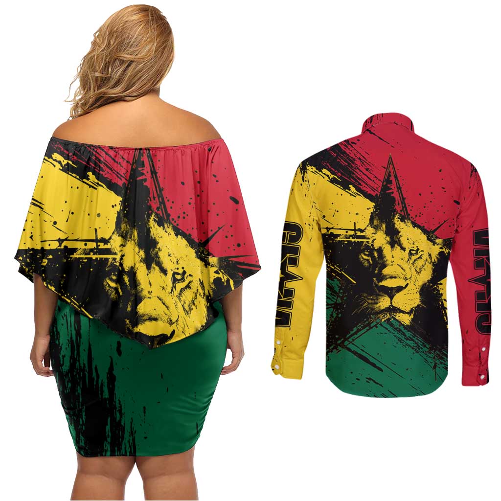 Ghana Flag Couples Matching Off Shoulder Short Dress and Long Sleeve Button Shirt with Coat of Arms Design TS04