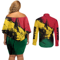 Ghana Flag Couples Matching Off Shoulder Short Dress and Long Sleeve Button Shirt with Coat of Arms Design TS04