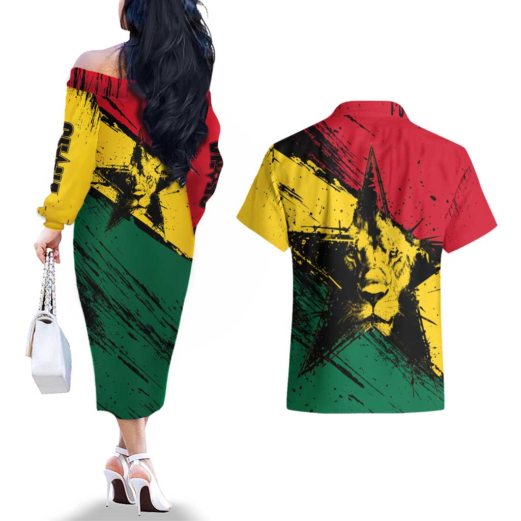 Ghana Flag Couples Matching Off The Shoulder Long Sleeve Dress and Hawaiian Shirt with Coat of Arms Design TS04