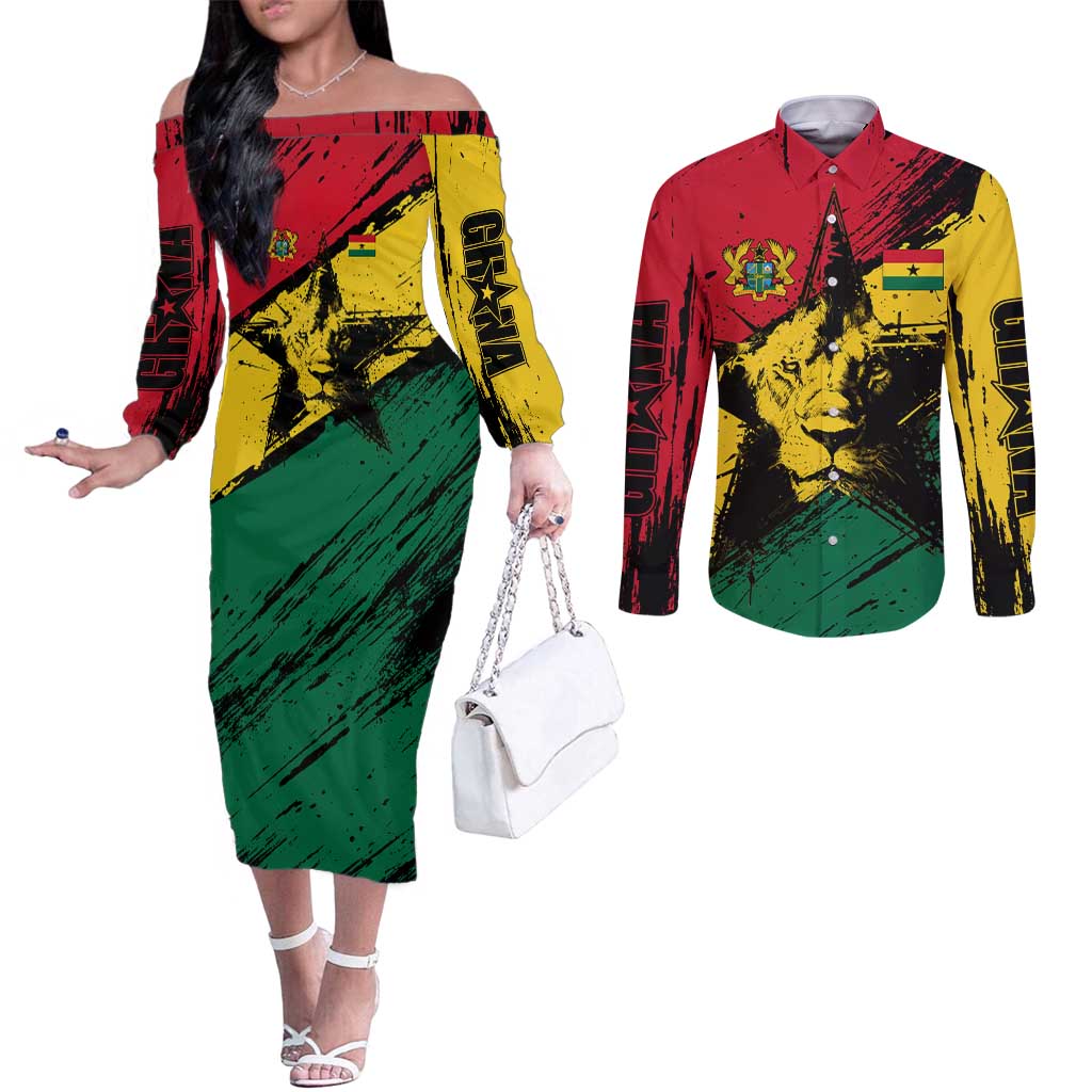 Ghana Flag Couples Matching Off The Shoulder Long Sleeve Dress and Long Sleeve Button Shirt with Coat of Arms Design TS04