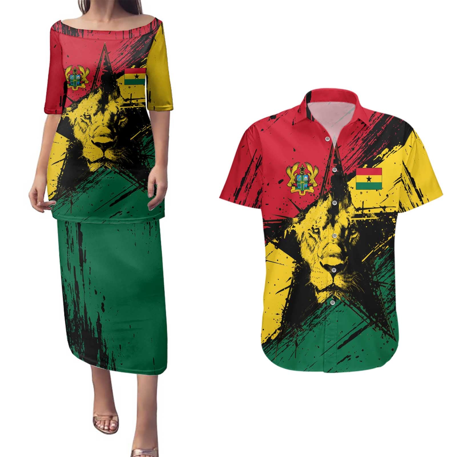 Ghana Flag Couples Matching Puletasi and Hawaiian Shirt with Coat of Arms Design TS04