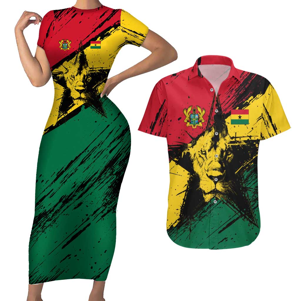 Ghana Flag Couples Matching Short Sleeve Bodycon Dress and Hawaiian Shirt with Coat of Arms Design TS04