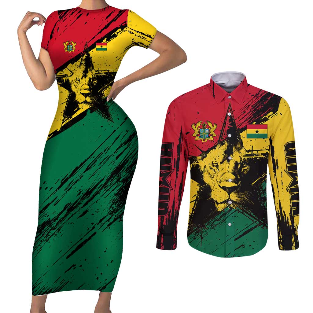 Ghana Flag Couples Matching Short Sleeve Bodycon Dress and Long Sleeve Button Shirt with Coat of Arms Design TS04