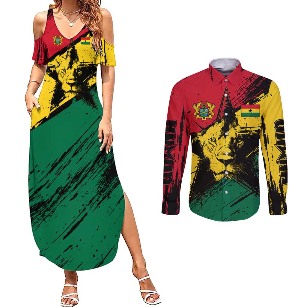 Ghana Flag Couples Matching Summer Maxi Dress and Long Sleeve Button Shirt with Coat of Arms Design TS04