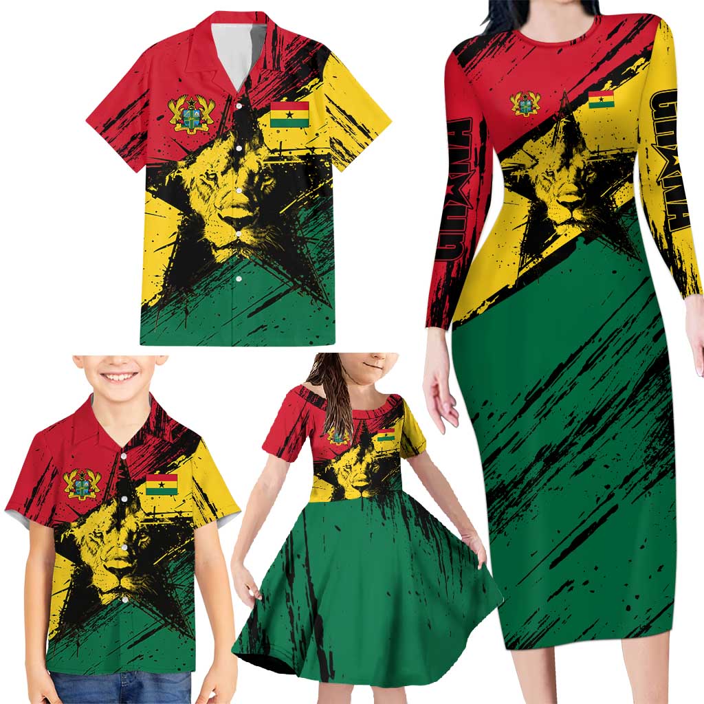 Ghana Flag Family Matching Long Sleeve Bodycon Dress and Hawaiian Shirt with Coat of Arms Design TS04