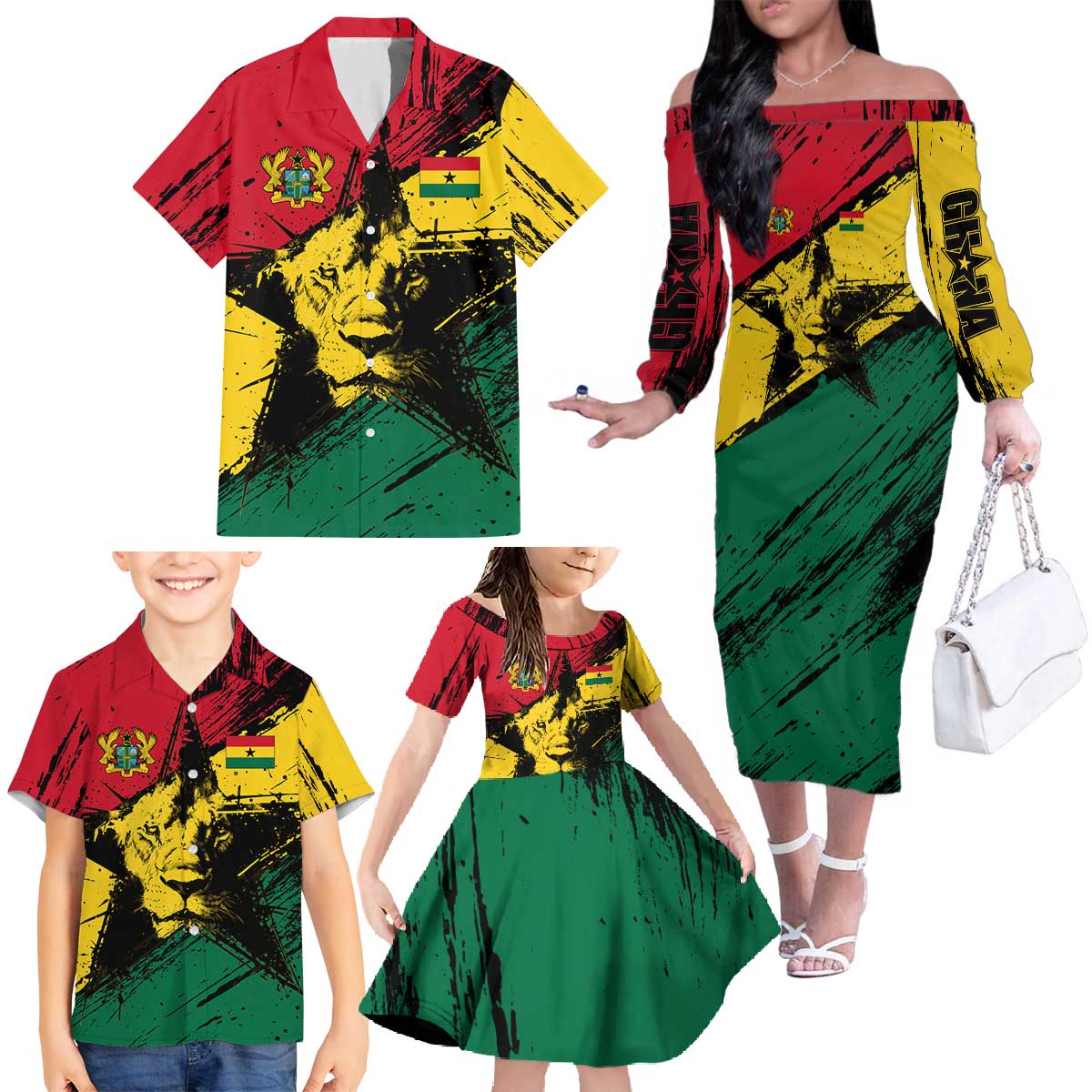 Ghana Flag Family Matching Off The Shoulder Long Sleeve Dress and Hawaiian Shirt with Coat of Arms Design TS04