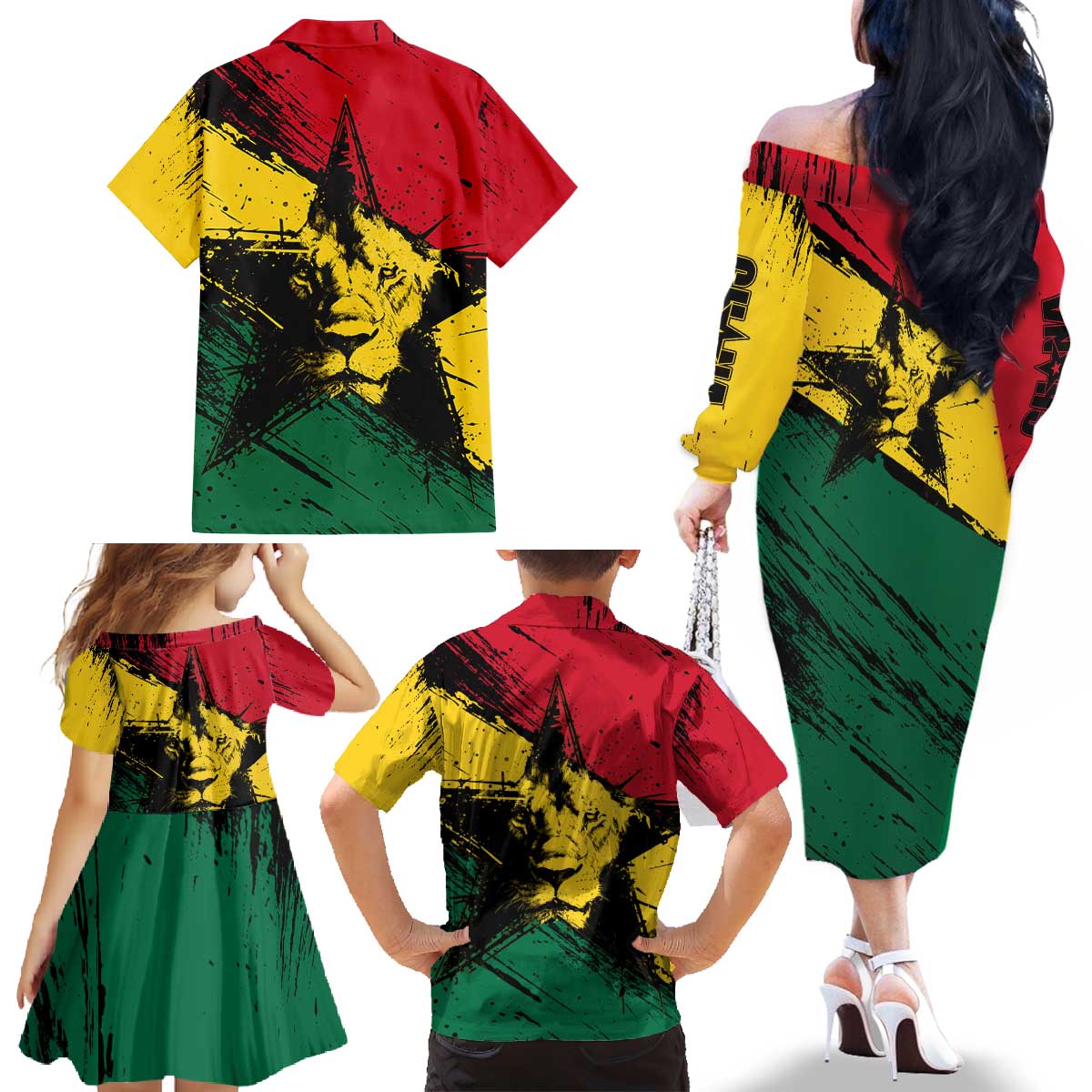 Ghana Flag Family Matching Off The Shoulder Long Sleeve Dress and Hawaiian Shirt with Coat of Arms Design TS04