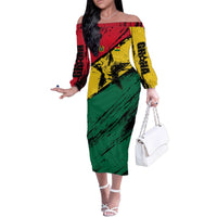 Ghana Flag Family Matching Off The Shoulder Long Sleeve Dress and Hawaiian Shirt with Coat of Arms Design TS04