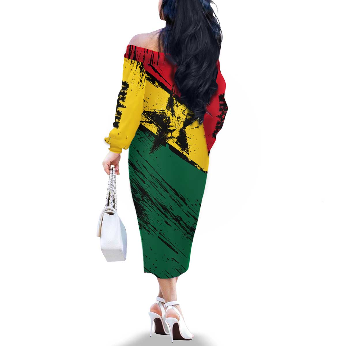 Ghana Flag Family Matching Off The Shoulder Long Sleeve Dress and Hawaiian Shirt with Coat of Arms Design TS04