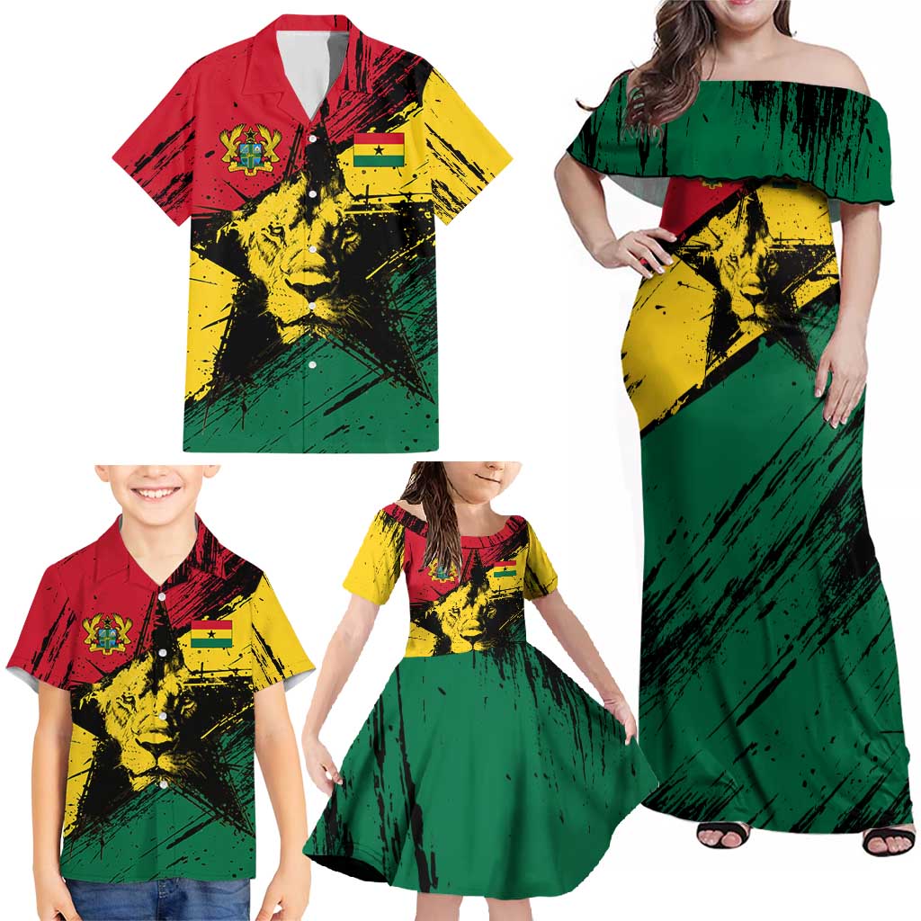 Ghana Flag Family Matching Off Shoulder Maxi Dress and Hawaiian Shirt with Coat of Arms Design TS04