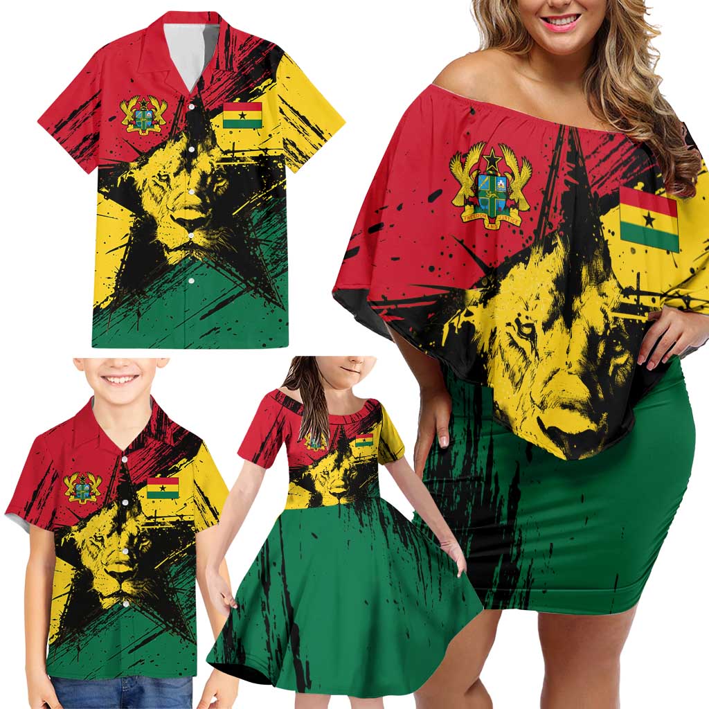 Ghana Flag Family Matching Off Shoulder Short Dress and Hawaiian Shirt with Coat of Arms Design TS04