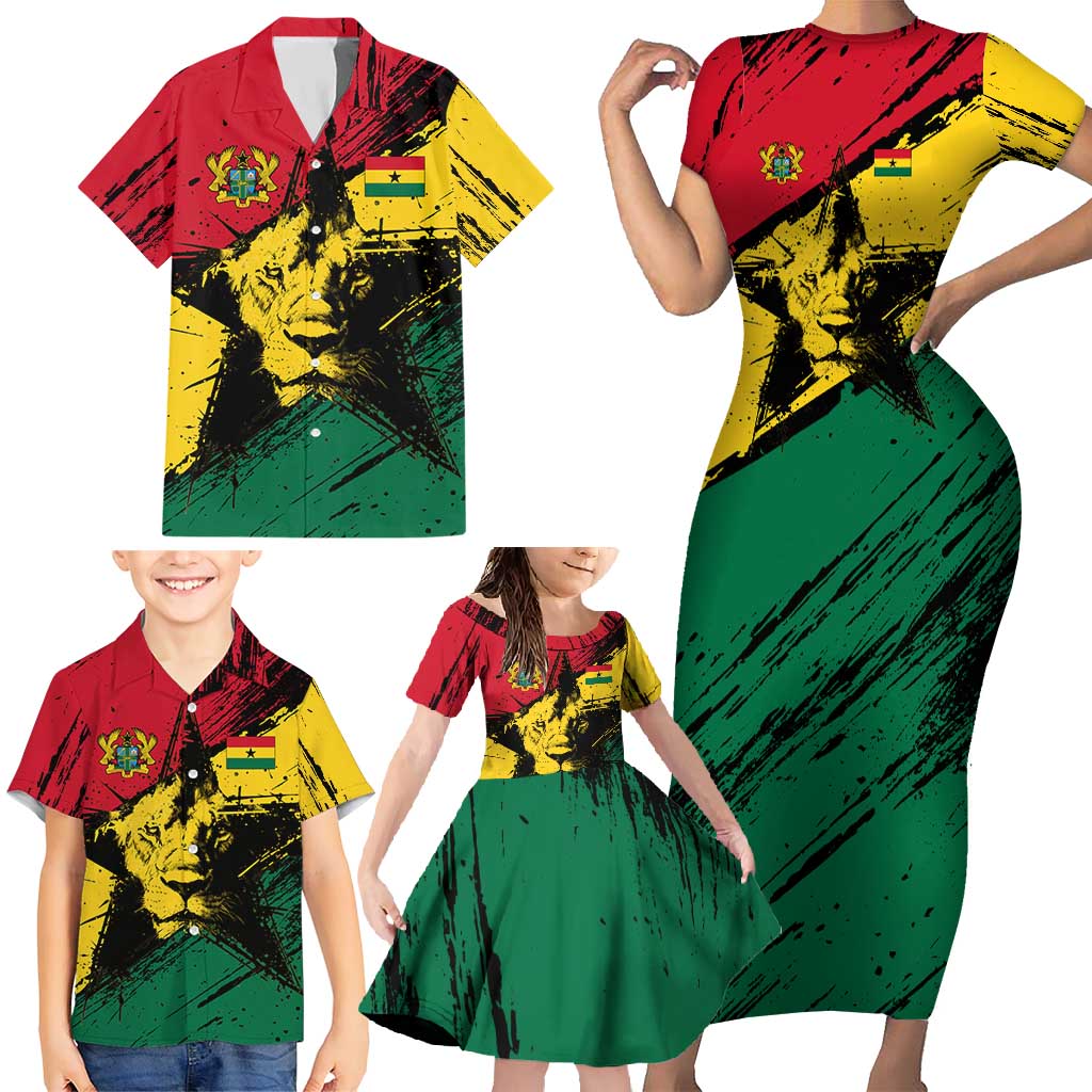 Ghana Flag Family Matching Short Sleeve Bodycon Dress and Hawaiian Shirt with Coat of Arms Design TS04