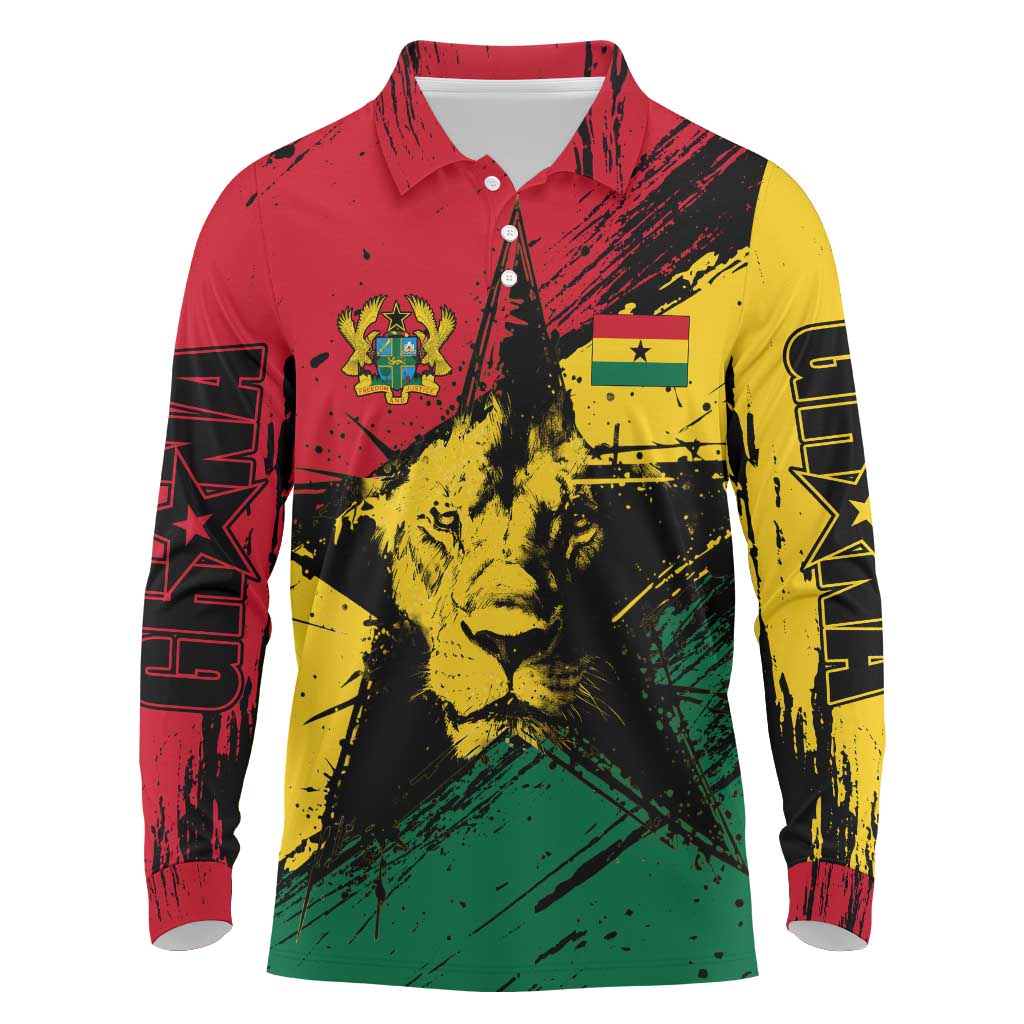 Ghana Flag Long Sleeve Polo Shirt with Coat of Arms Design TS04