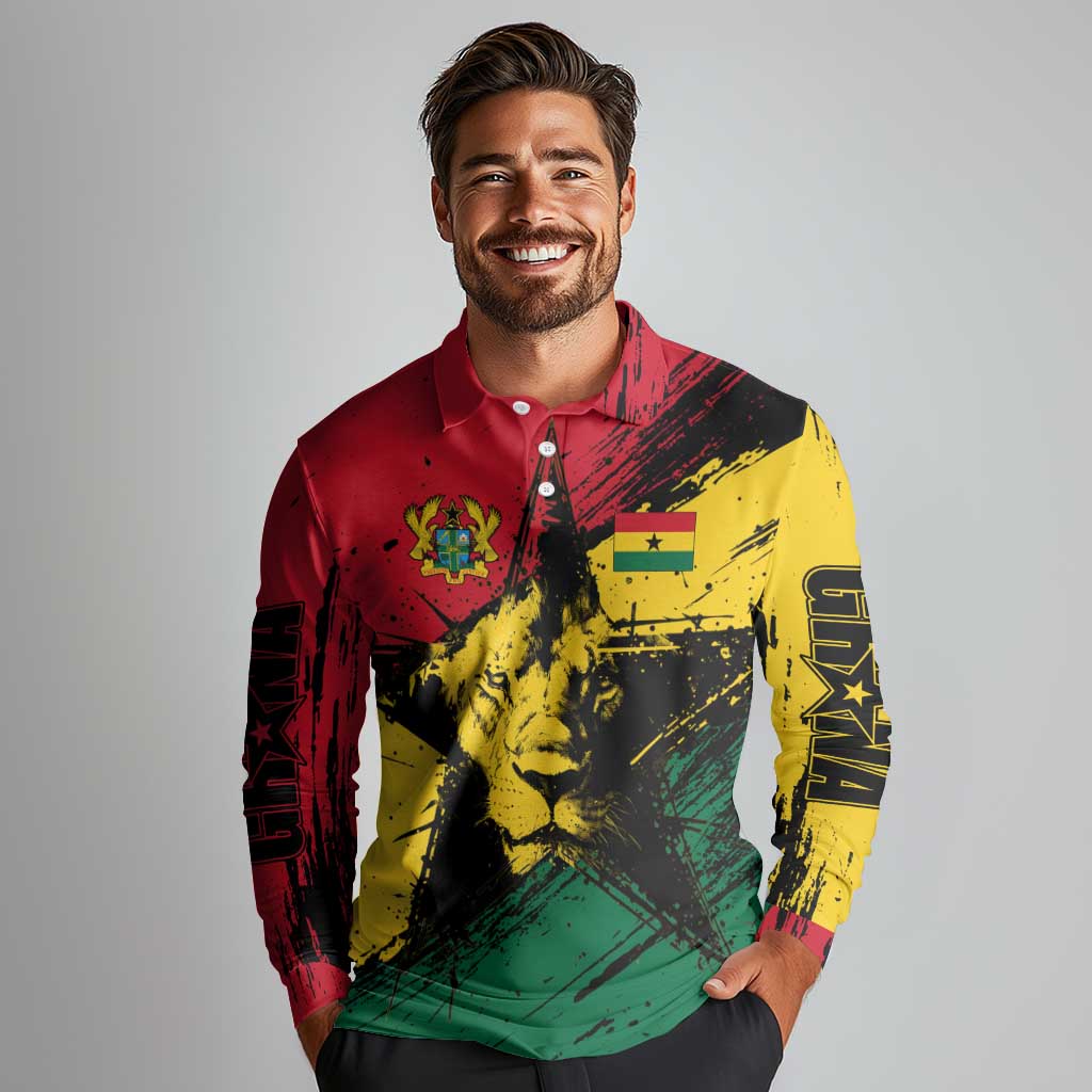 Ghana Flag Long Sleeve Polo Shirt with Coat of Arms Design TS04