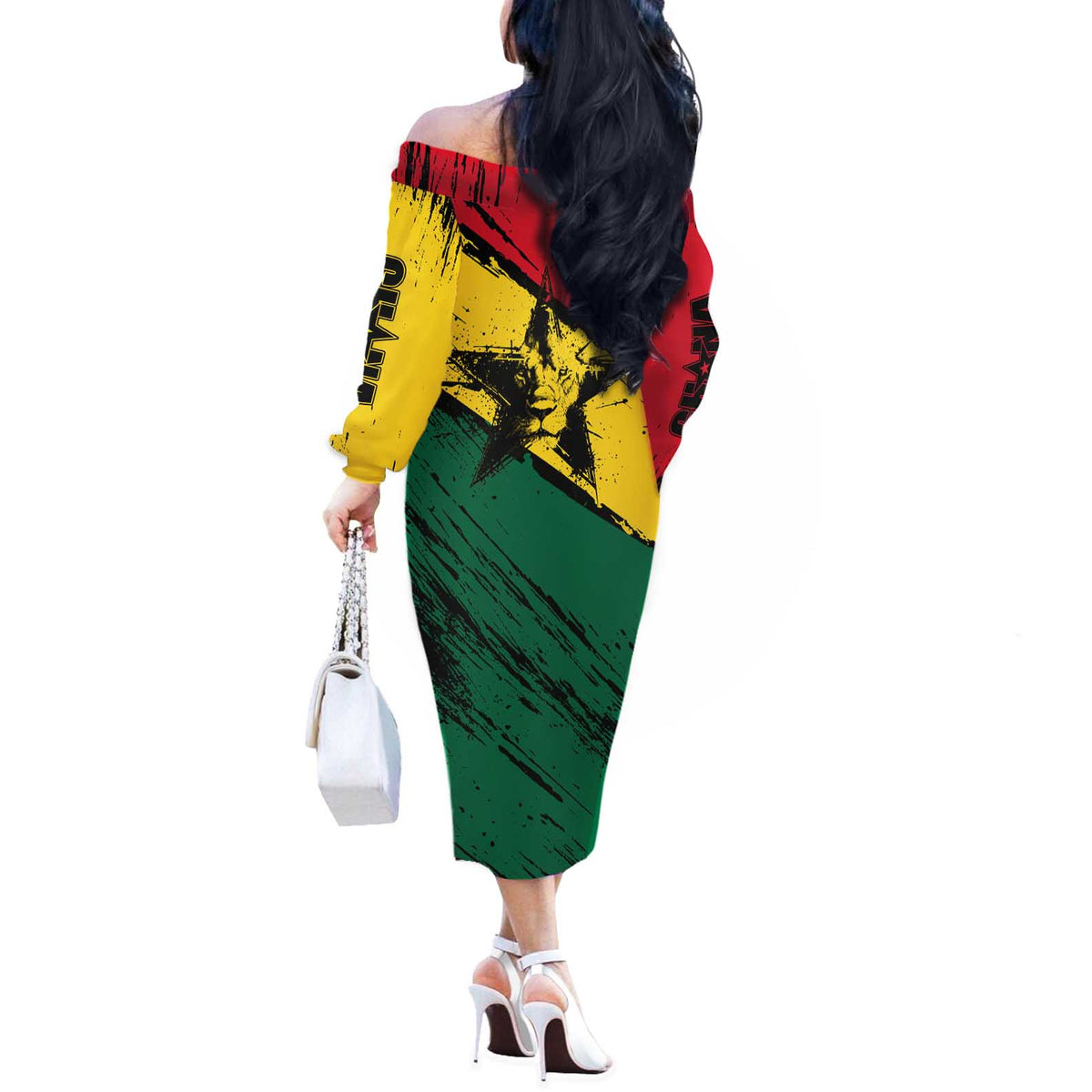 Ghana Flag Off The Shoulder Long Sleeve Dress with Coat of Arms Design TS04