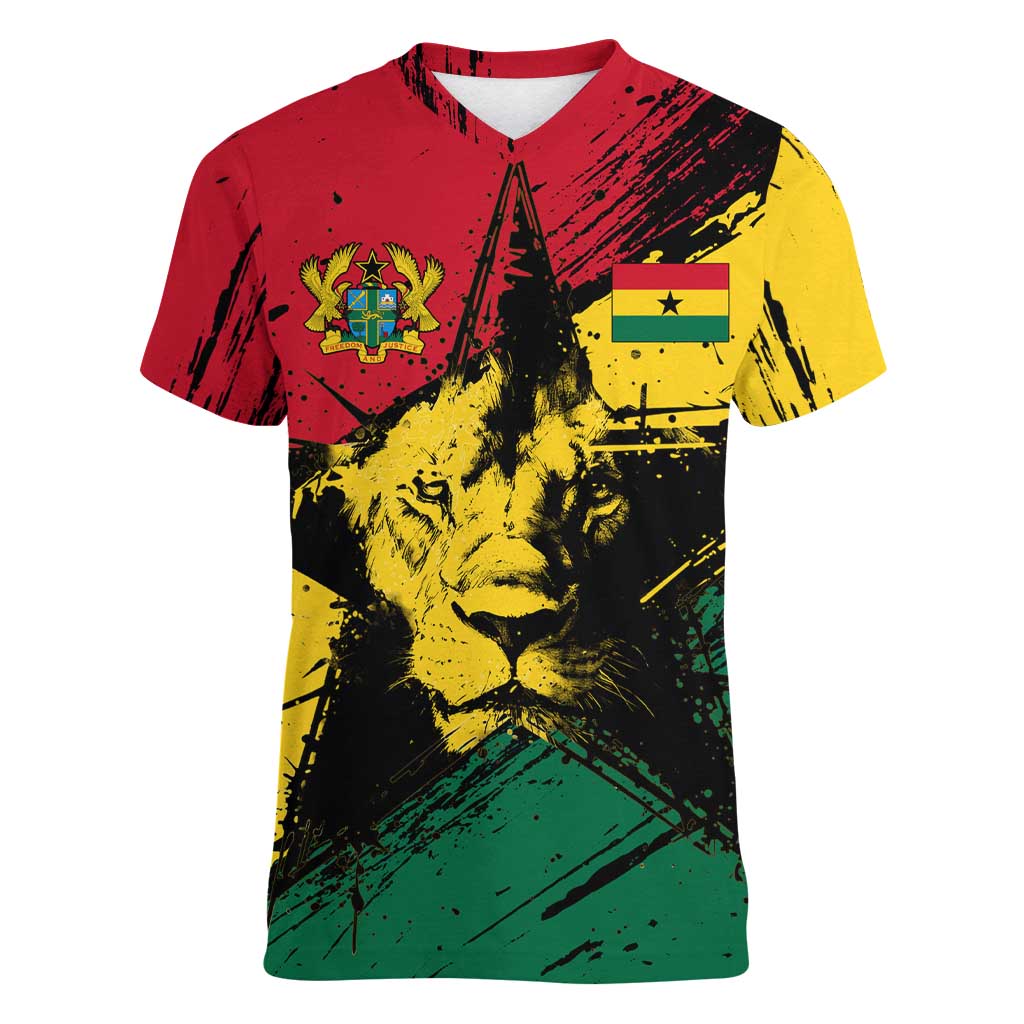 Ghana Flag Women V-Neck T-Shirt with Coat of Arms Design TS04