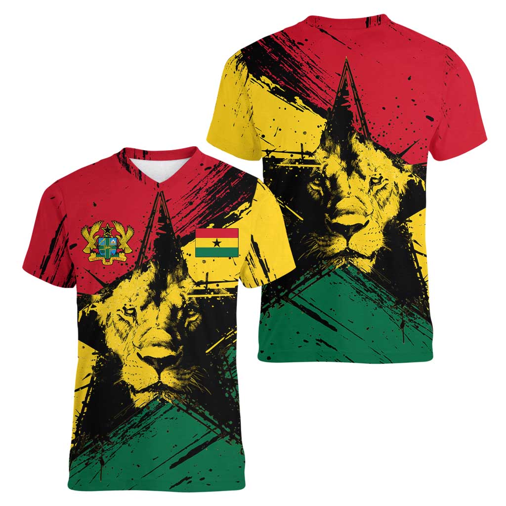 Ghana Flag Women V-Neck T-Shirt with Coat of Arms Design TS04