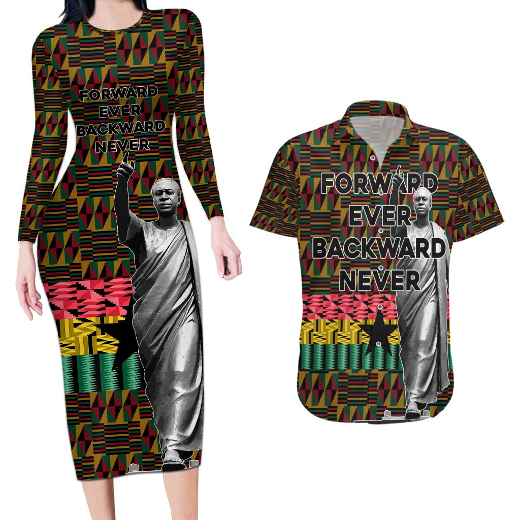 Kwame Nkrumah Couples Matching Long Sleeve Bodycon Dress and Hawaiian Shirt with Coat of Arms – Grunge Style Design