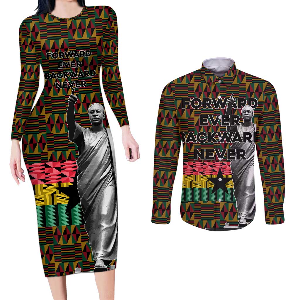 Kwame Nkrumah Couples Matching Long Sleeve Bodycon Dress and Long Sleeve Button Shirt with Coat of Arms – Grunge Style Design