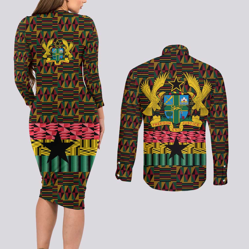 Kwame Nkrumah Couples Matching Long Sleeve Bodycon Dress and Long Sleeve Button Shirt with Coat of Arms – Grunge Style Design