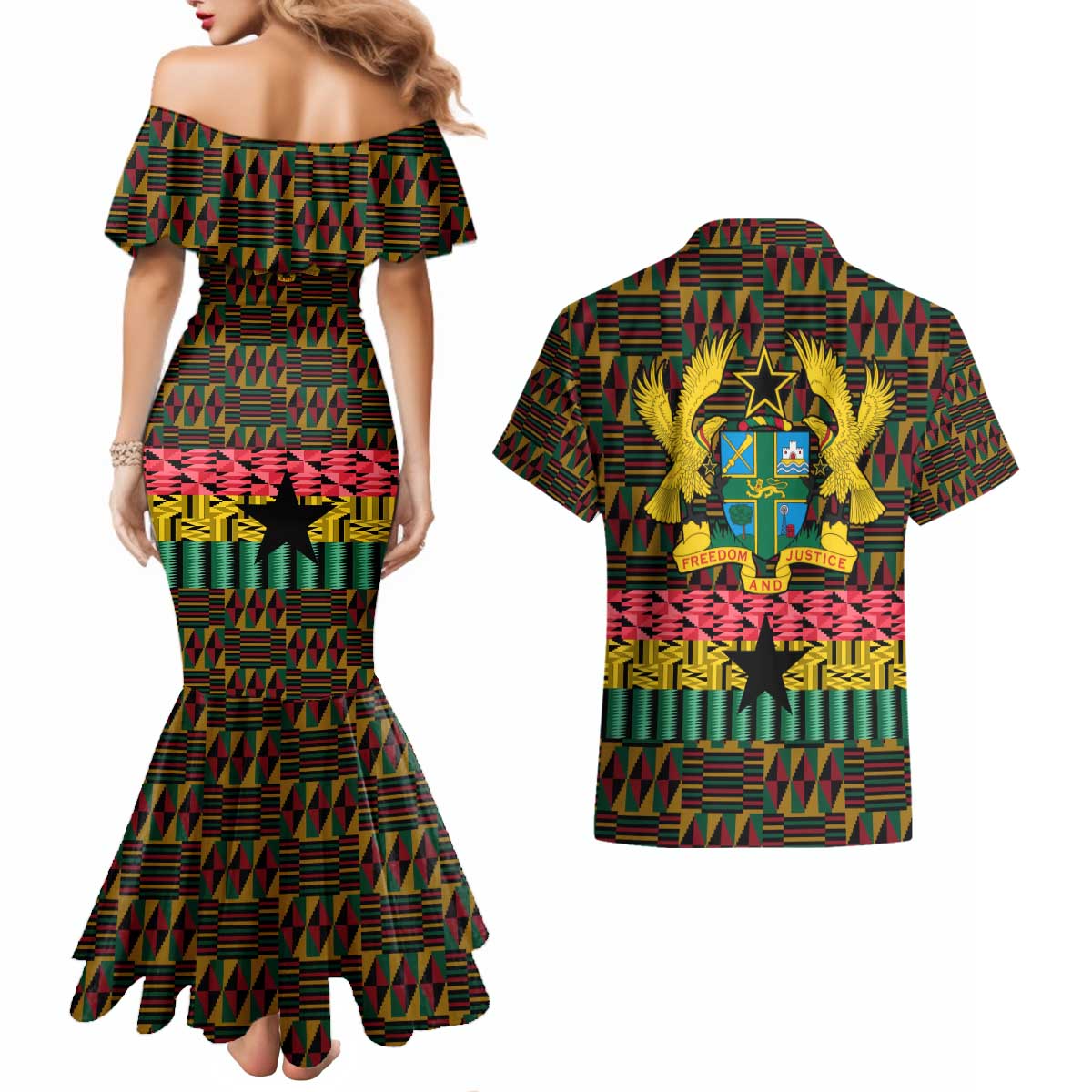 Kwame Nkrumah Couples Matching Mermaid Dress and Hawaiian Shirt with Coat of Arms – Grunge Style Design