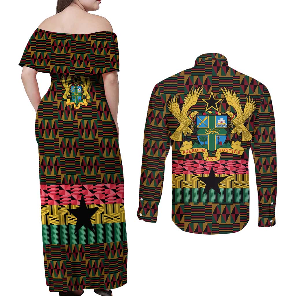 Kwame Nkrumah Couples Matching Off Shoulder Maxi Dress and Long Sleeve Button Shirt with Coat of Arms – Grunge Style Design