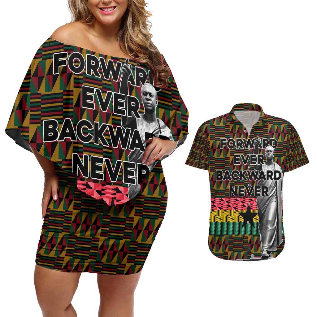 Kwame Nkrumah Couples Matching Off Shoulder Short Dress and Hawaiian Shirt with Coat of Arms – Grunge Style Design