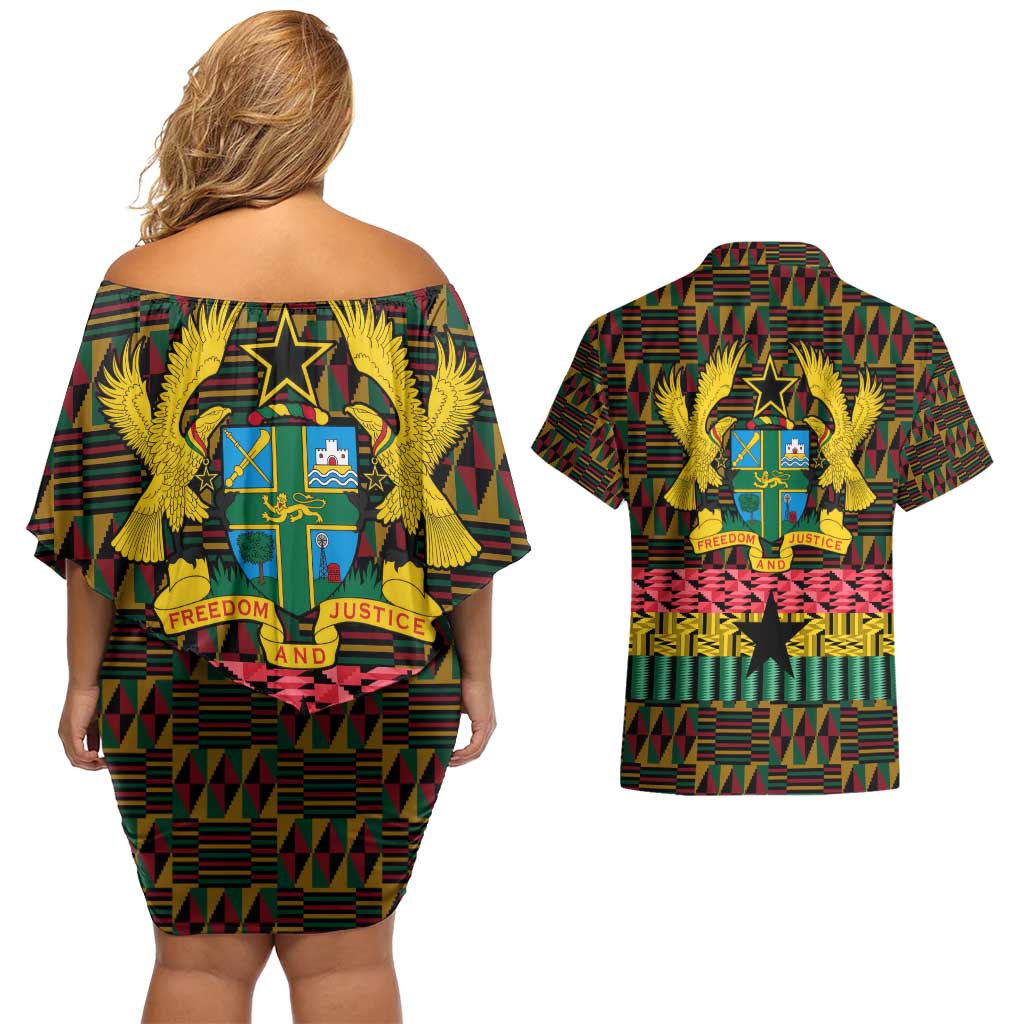 Kwame Nkrumah Couples Matching Off Shoulder Short Dress and Hawaiian Shirt with Coat of Arms – Grunge Style Design