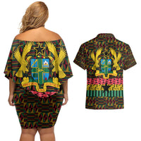 Kwame Nkrumah Couples Matching Off Shoulder Short Dress and Hawaiian Shirt with Coat of Arms – Grunge Style Design