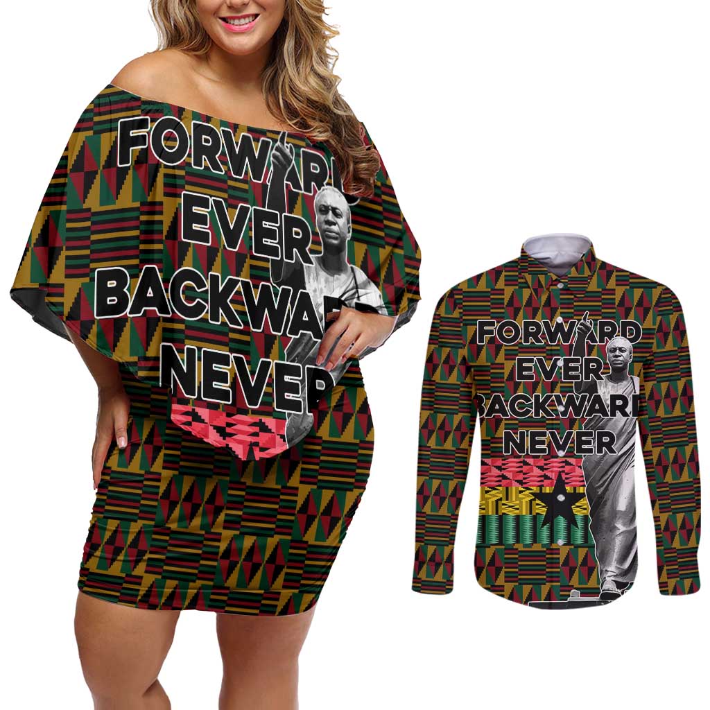 Kwame Nkrumah Couples Matching Off Shoulder Short Dress and Long Sleeve Button Shirt with Coat of Arms – Grunge Style Design