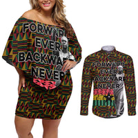 Kwame Nkrumah Couples Matching Off Shoulder Short Dress and Long Sleeve Button Shirt with Coat of Arms – Grunge Style Design