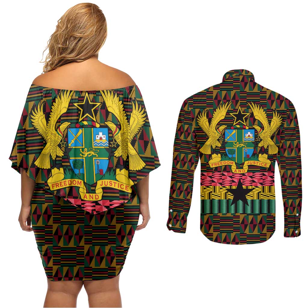 Kwame Nkrumah Couples Matching Off Shoulder Short Dress and Long Sleeve Button Shirt with Coat of Arms – Grunge Style Design