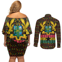 Kwame Nkrumah Couples Matching Off Shoulder Short Dress and Long Sleeve Button Shirt with Coat of Arms – Grunge Style Design