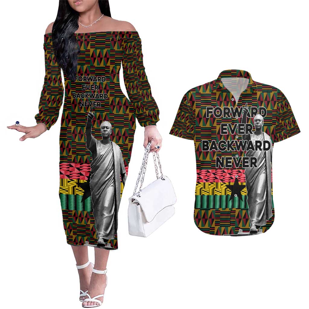 Kwame Nkrumah Couples Matching Off The Shoulder Long Sleeve Dress and Hawaiian Shirt with Coat of Arms – Grunge Style Design