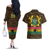 Kwame Nkrumah Couples Matching Off The Shoulder Long Sleeve Dress and Hawaiian Shirt with Coat of Arms – Grunge Style Design