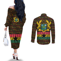Kwame Nkrumah Couples Matching Off The Shoulder Long Sleeve Dress and Long Sleeve Button Shirt with Coat of Arms – Grunge Style Design