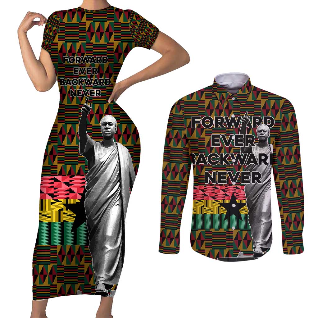 Kwame Nkrumah Couples Matching Short Sleeve Bodycon Dress and Long Sleeve Button Shirt with Coat of Arms – Grunge Style Design