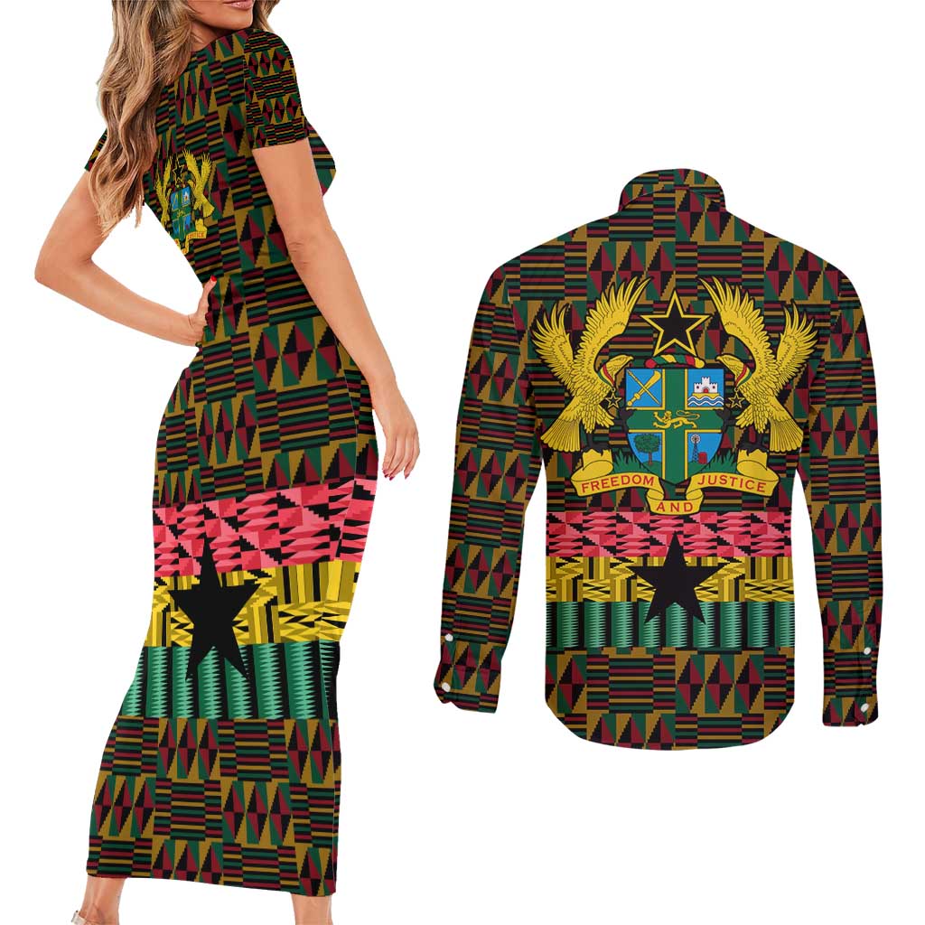 Kwame Nkrumah Couples Matching Short Sleeve Bodycon Dress and Long Sleeve Button Shirt with Coat of Arms – Grunge Style Design