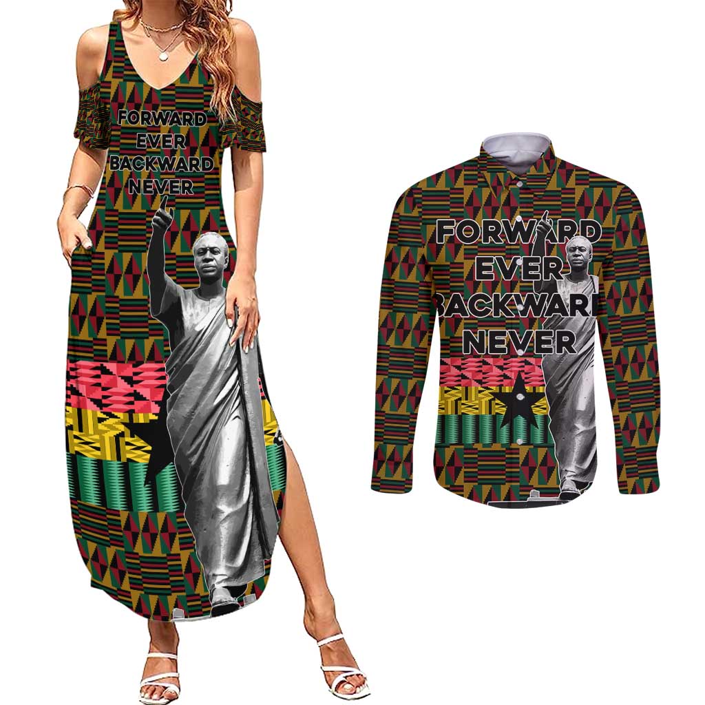 Kwame Nkrumah Couples Matching Summer Maxi Dress and Long Sleeve Button Shirt with Coat of Arms – Grunge Style Design