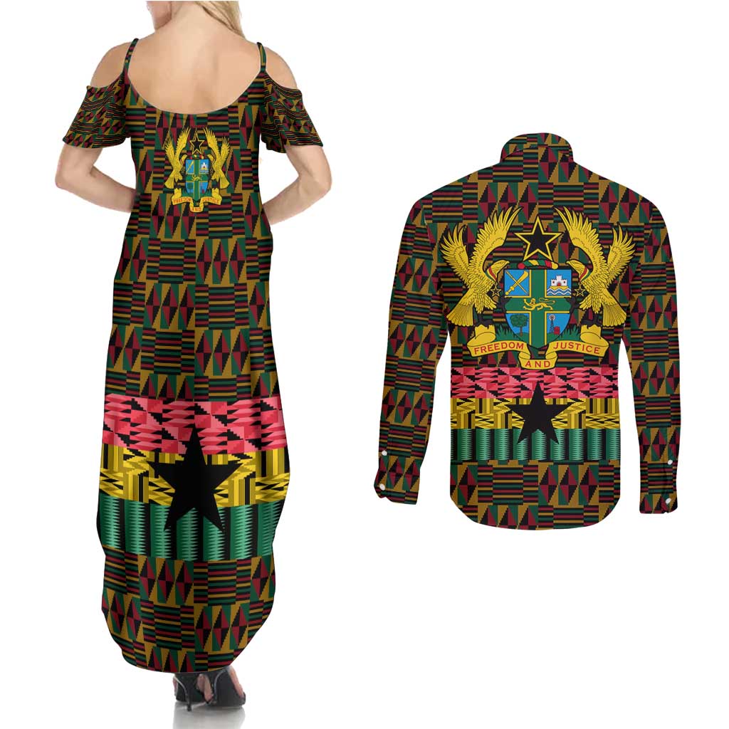 Kwame Nkrumah Couples Matching Summer Maxi Dress and Long Sleeve Button Shirt with Coat of Arms – Grunge Style Design