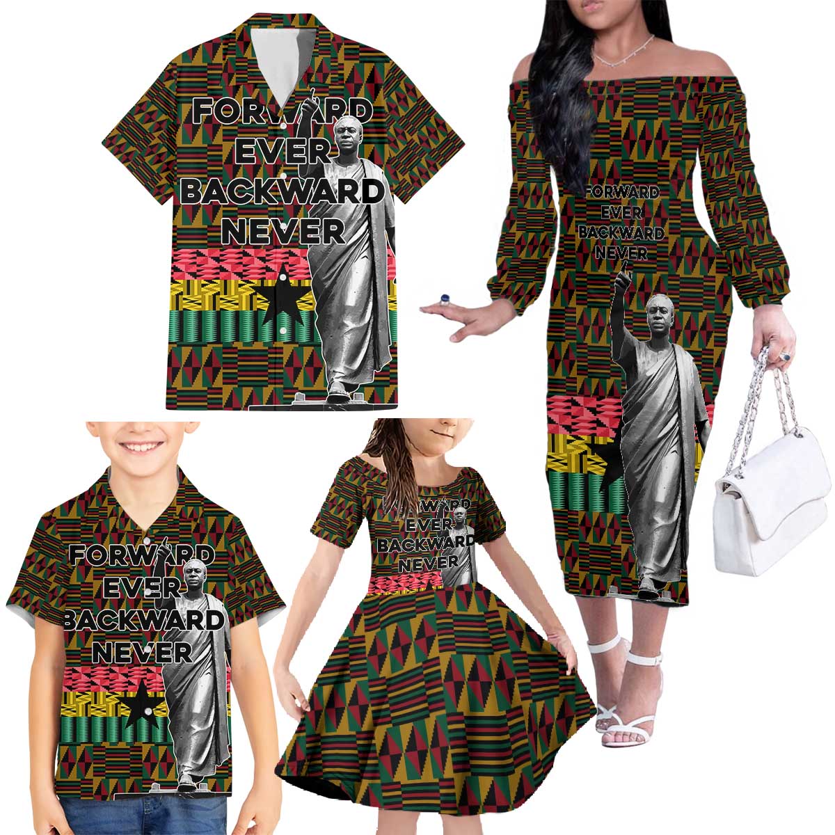 Kwame Nkrumah Family Matching Off The Shoulder Long Sleeve Dress and Hawaiian Shirt with Coat of Arms – Grunge Style Design