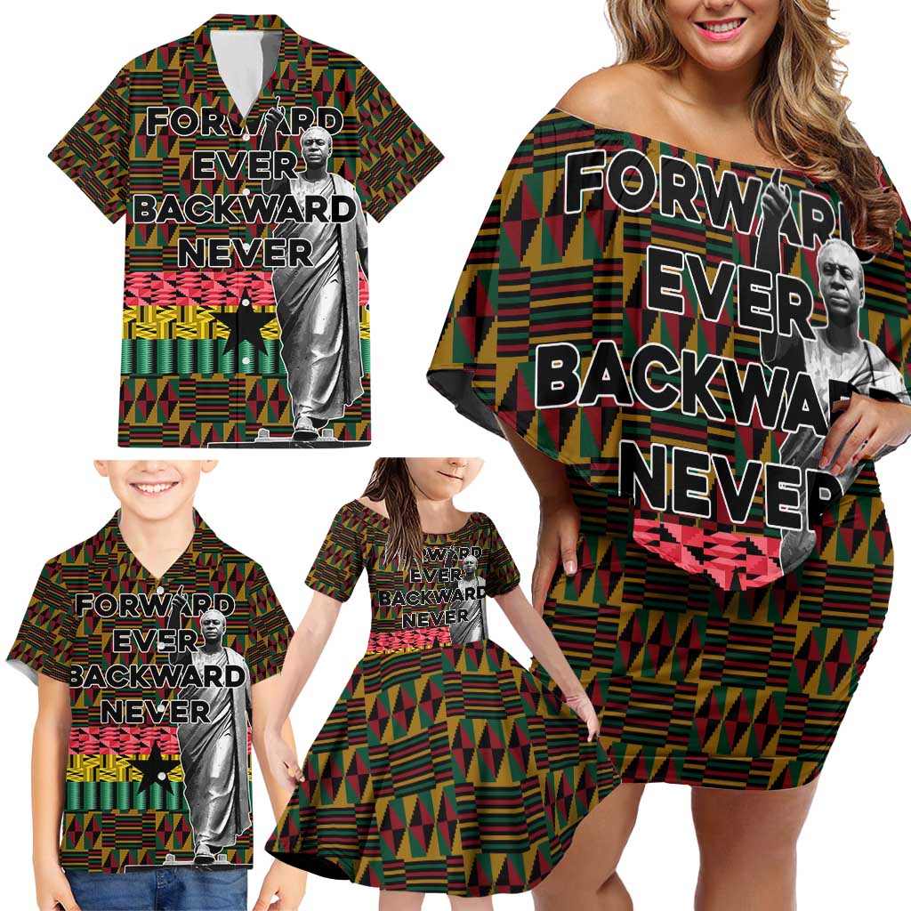 Kwame Nkrumah Family Matching Off Shoulder Short Dress and Hawaiian Shirt with Coat of Arms – Grunge Style Design