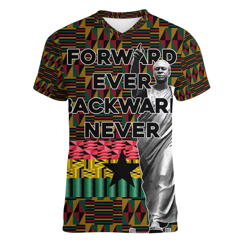Kwame Nkrumah Women V-Neck T-Shirt with Coat of Arms – Grunge Style Design