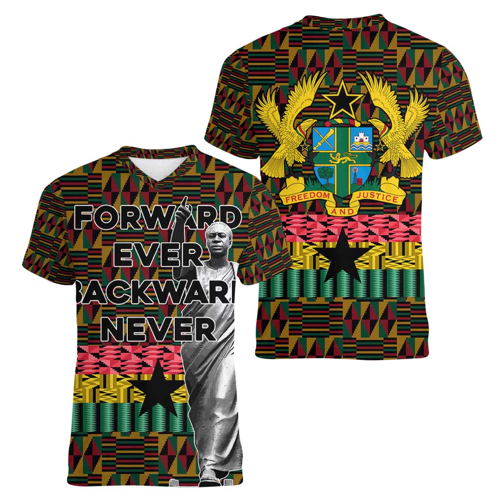 Kwame Nkrumah Women V-Neck T-Shirt with Coat of Arms – Grunge Style Design