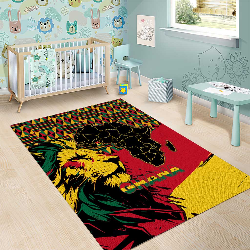 Ghana Lion Area Rug - Map & Coat of Arms Grunge Style Design