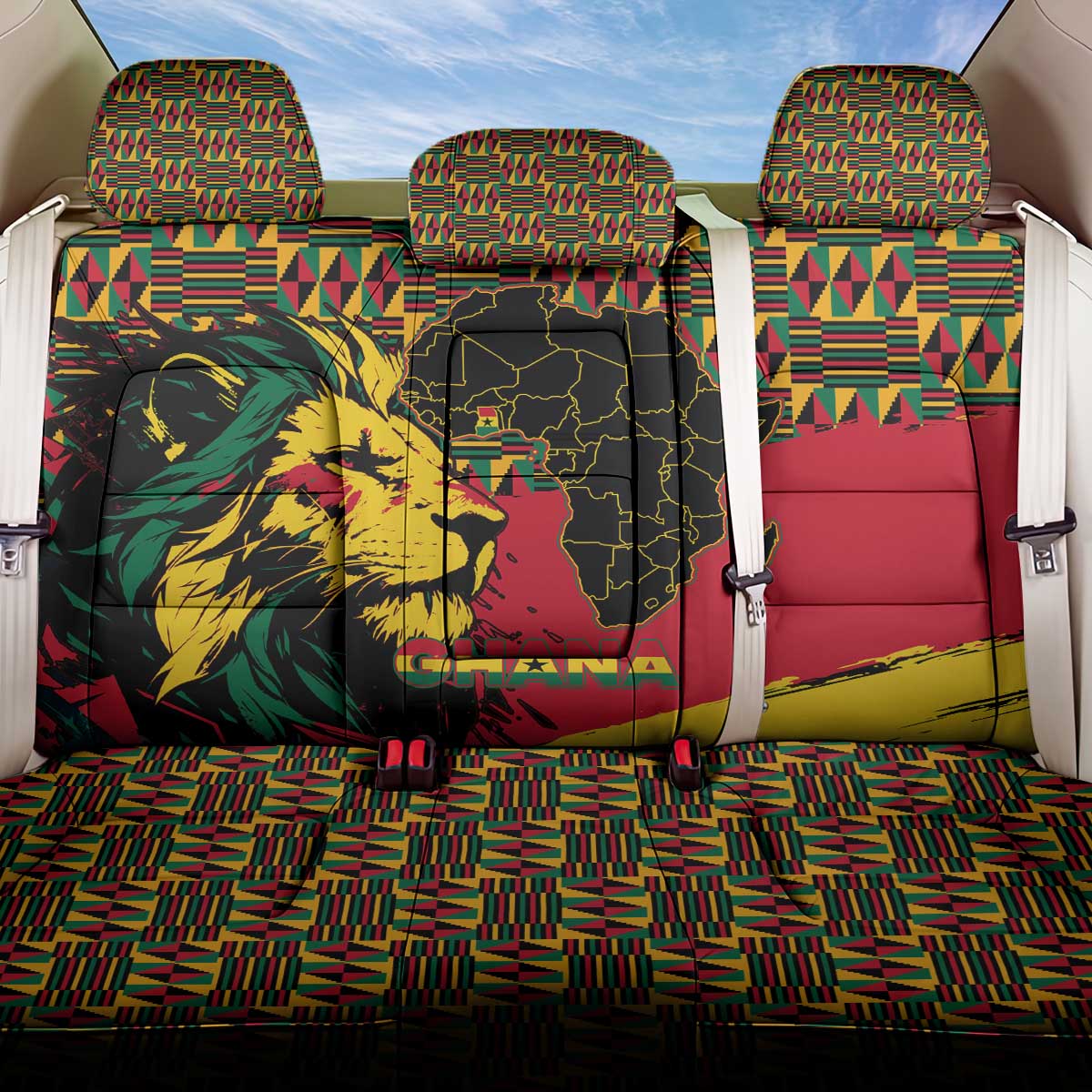 Ghana Lion Back Car Seat Cover - Map & Coat of Arms Grunge Style Design