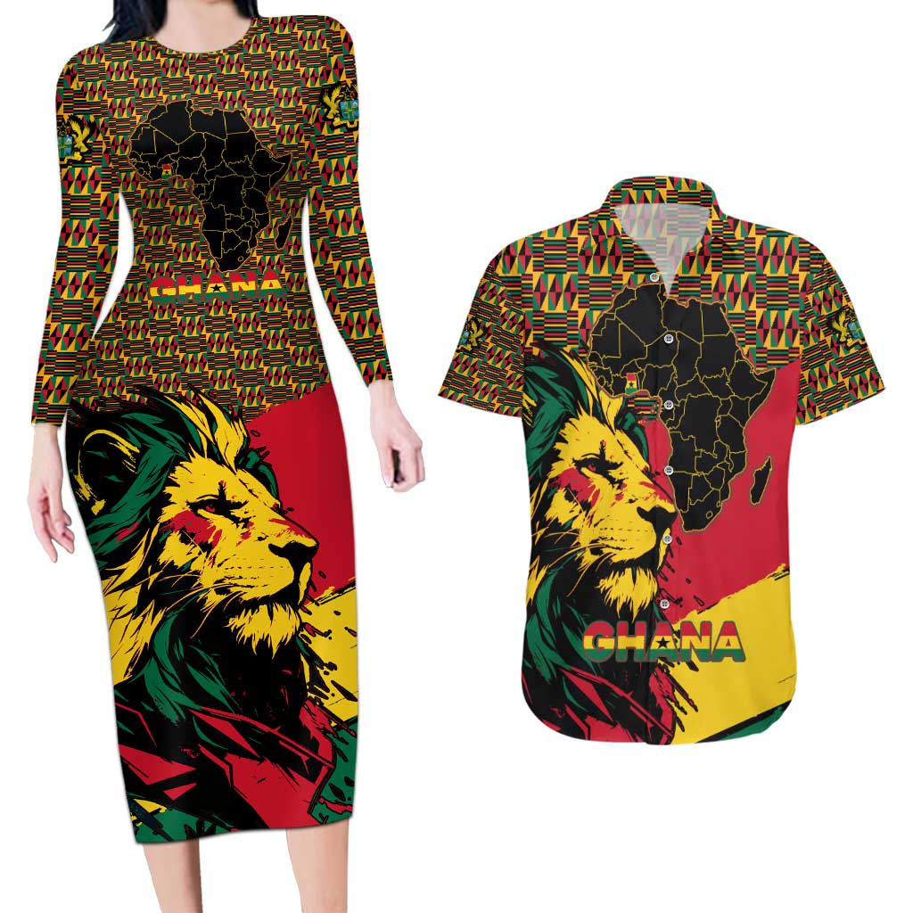 Ghana Lion Couples Matching Long Sleeve Bodycon Dress and Hawaiian Shirt - Map & Coat of Arms Grunge Style Design