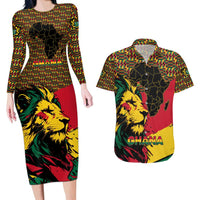 Ghana Lion Couples Matching Long Sleeve Bodycon Dress and Hawaiian Shirt - Map & Coat of Arms Grunge Style Design