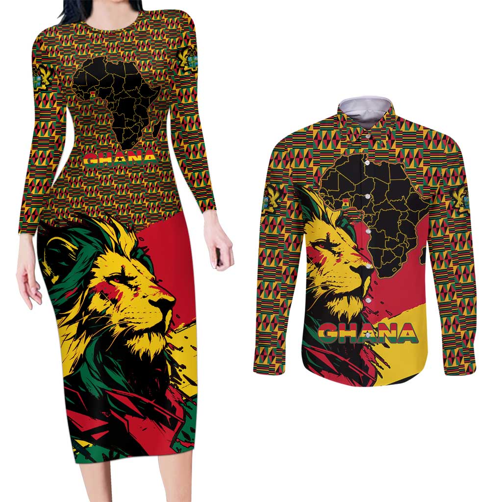 Ghana Lion Couples Matching Long Sleeve Bodycon Dress and Long Sleeve Button Shirt - Map & Coat of Arms Grunge Style Design