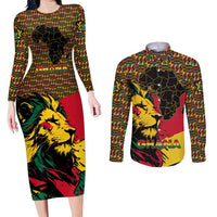 Ghana Lion Couples Matching Long Sleeve Bodycon Dress and Long Sleeve Button Shirt - Map & Coat of Arms Grunge Style Design